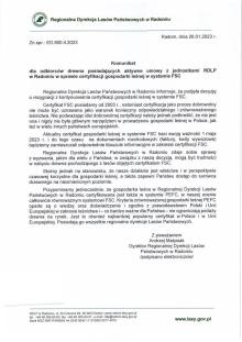 Komunikat dla odbiorców drewna posiadających umowy zakupu/sprzedaży drewna z nadleśnictwami RDLP w Radomiu ws certyfikacji gospodarki leśnej w systemie FSC